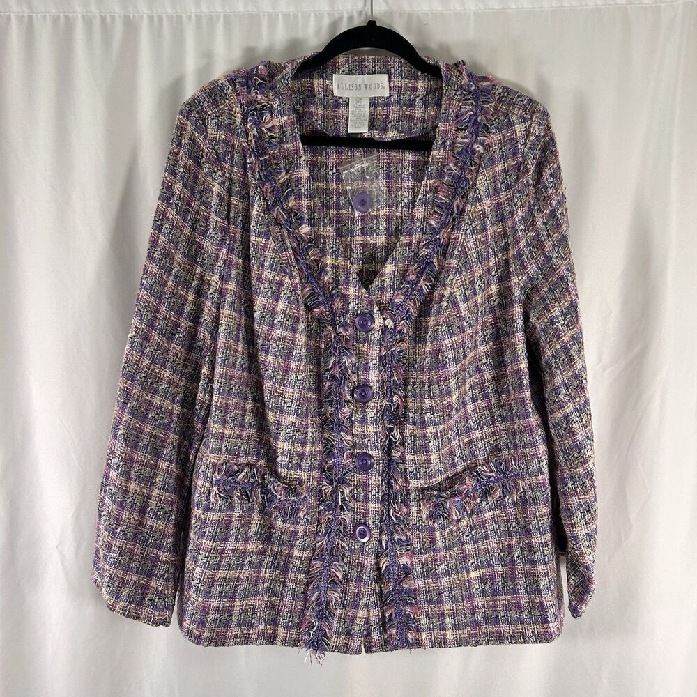 New Allison Woods Blazer Women 20W Purple White Knit 4 Button Front Faux Pockets
